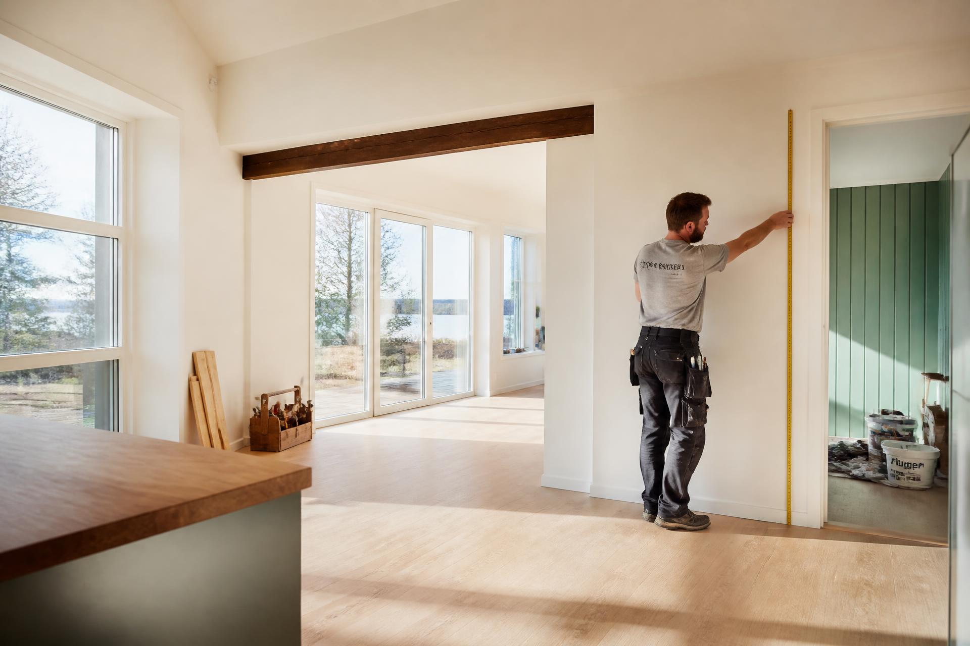 Ljus svensk renovering i dagsljus — hantverkare mäter upp i ett nybyggt hem